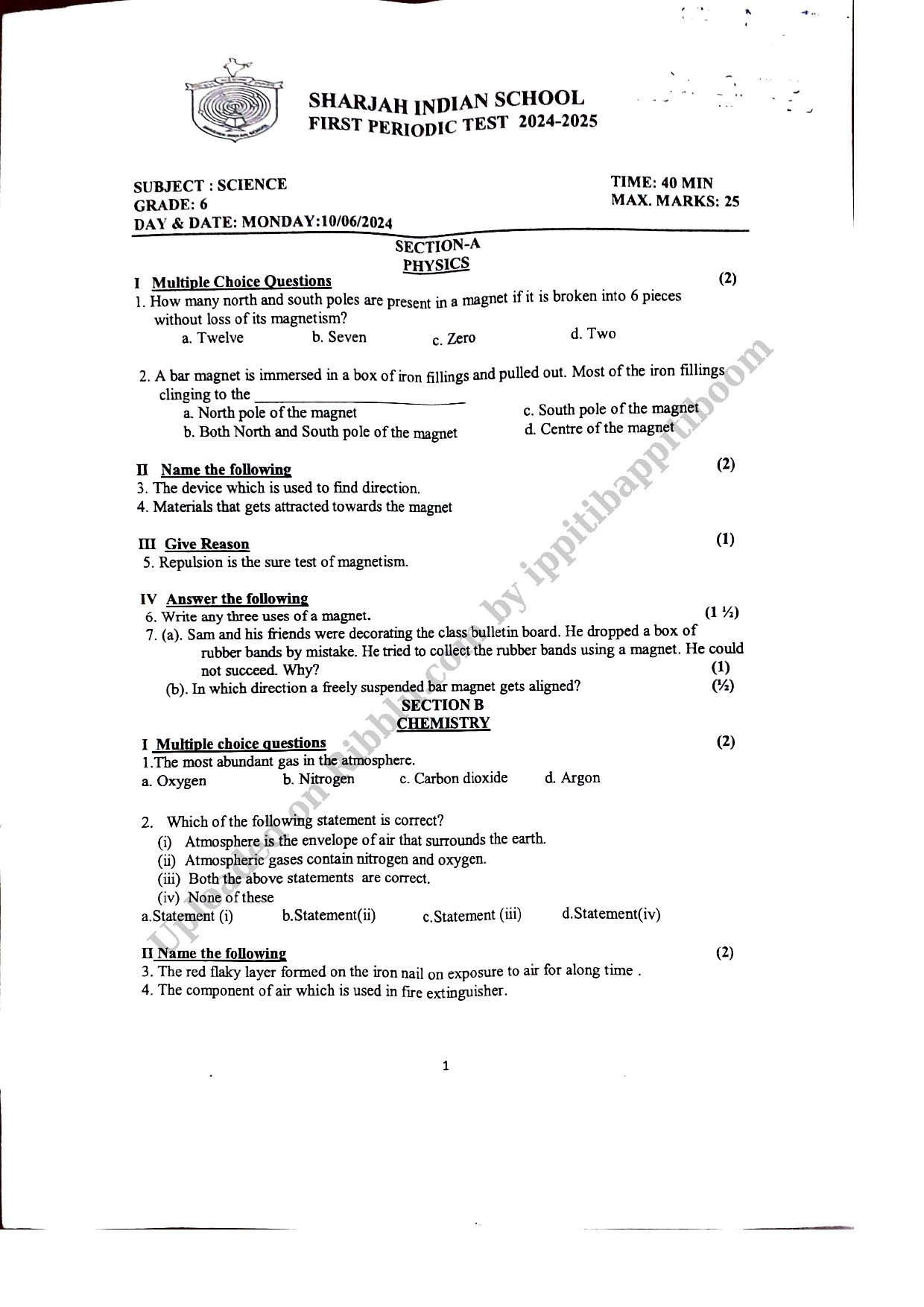 Preview cover for Class 6 Science Periodic Test Paper 2024 - Sharjah Indian School