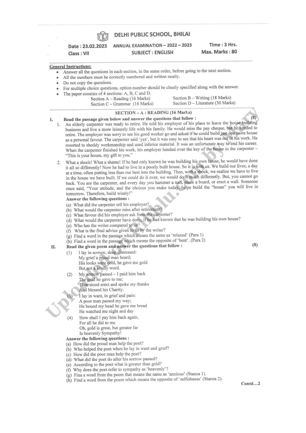 Preview cover for Class 7 English Question Paper Annual Exam 2023 - DPS Bhilai