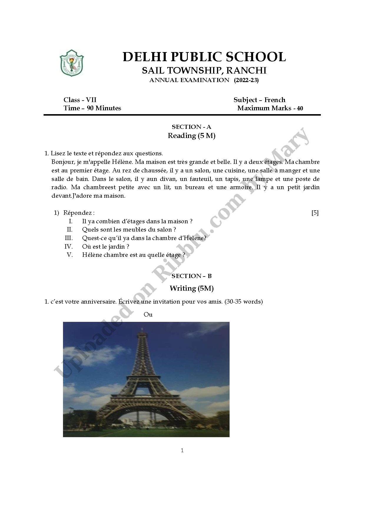 Preview cover for Class 7 French Question Paper Annual Exam 2023 - DPS Ranchi