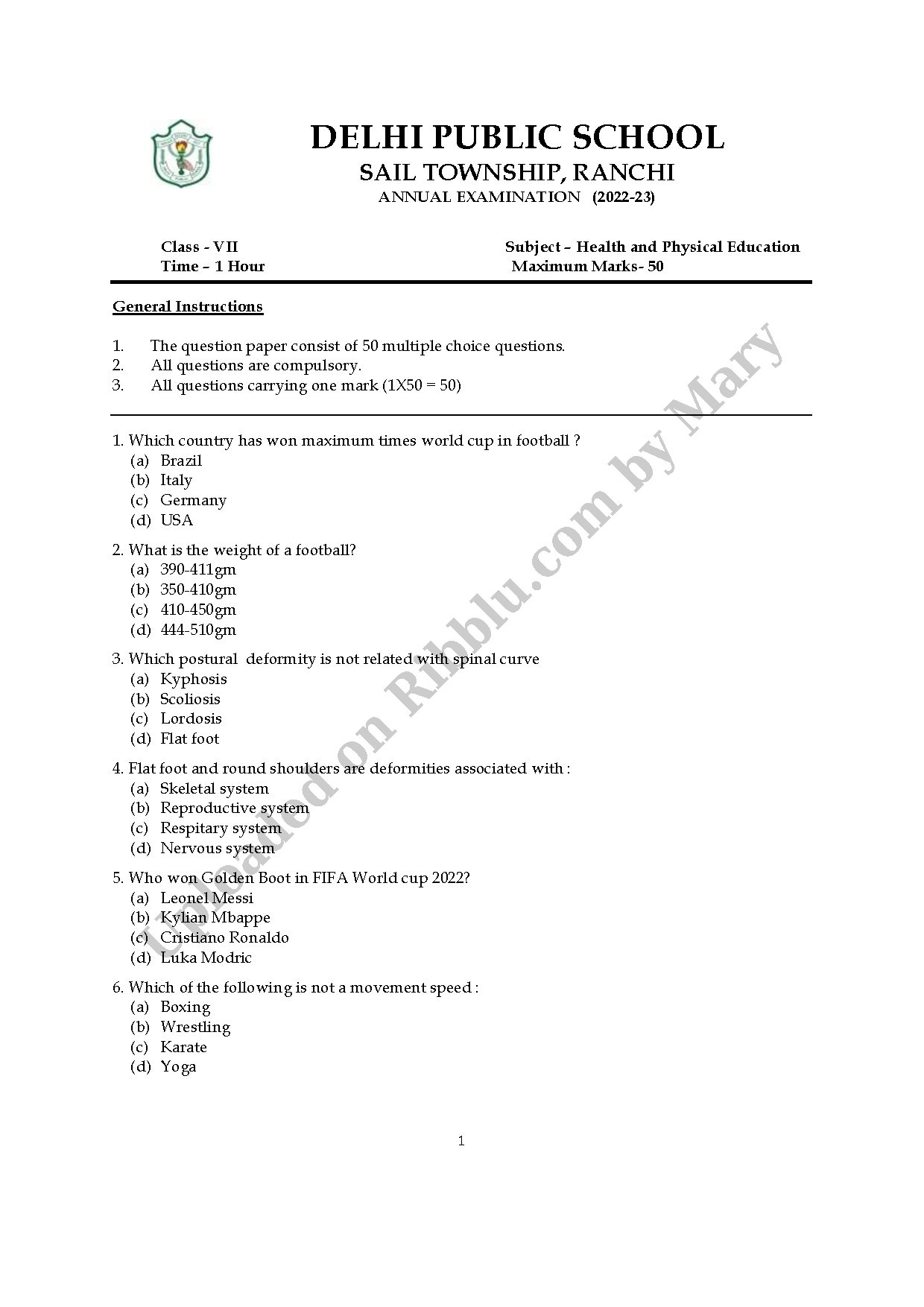 Preview cover for Class 7 Health & Physical Education Question Paper Annual Exam 2023 - DPS Ranchi