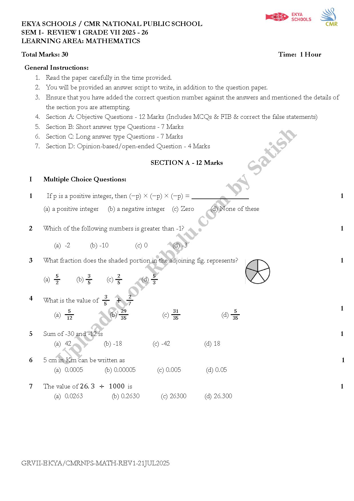 Preview cover for Class 7 Maths Question Paper 2025-26 - EKYA SCHOOLS - CMR NATIONAL PUBLIC SCHOOL