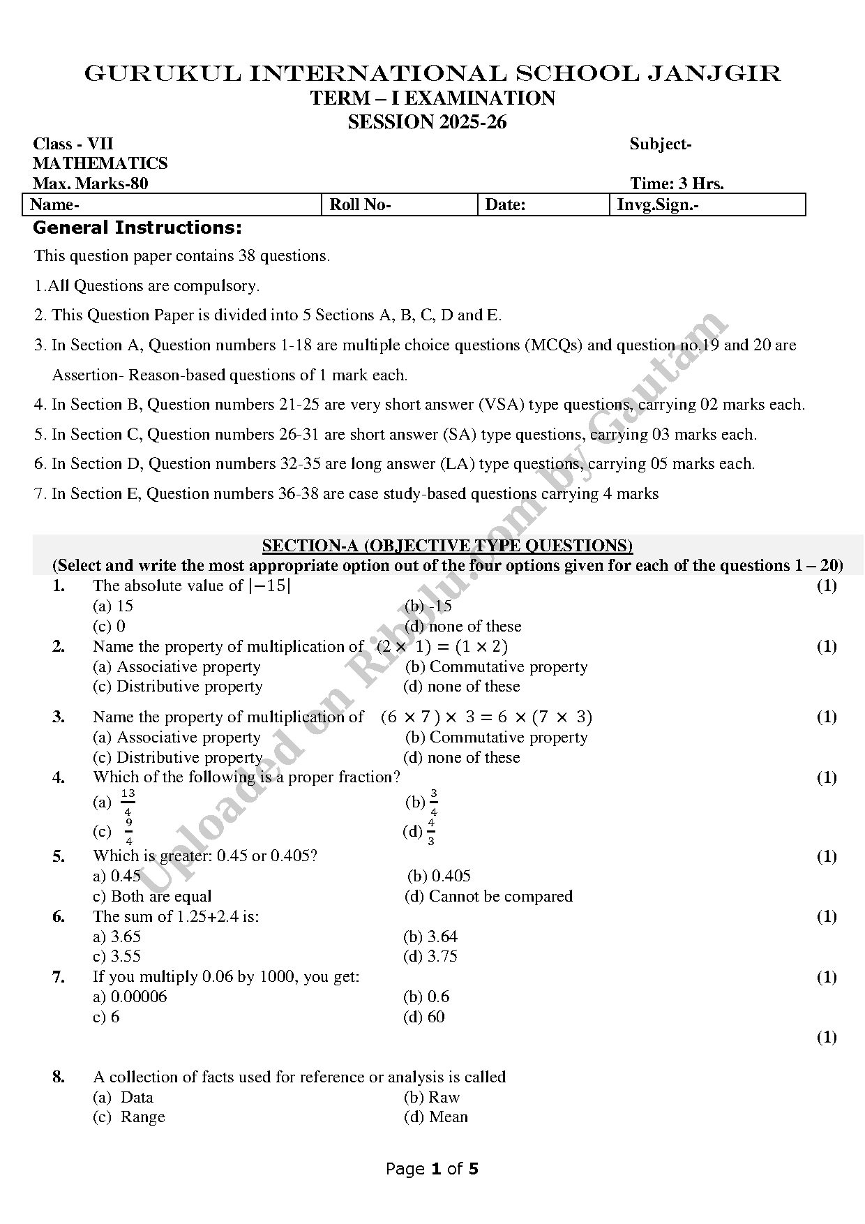 Preview cover for Class 7 Maths Question Paper 2025-26 - GURUKUL INTERNATIONAL SCHOOL JANJGIR