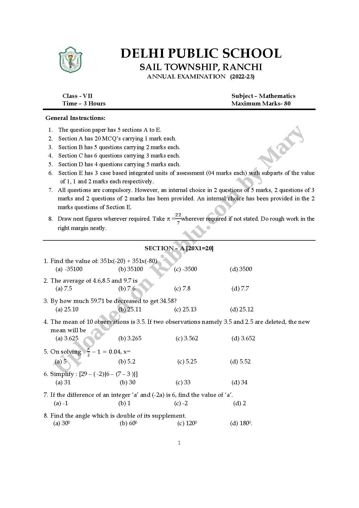 Preview cover for Class 7 Maths Question Paper Annual Exam 2023 - DPS Ranchi