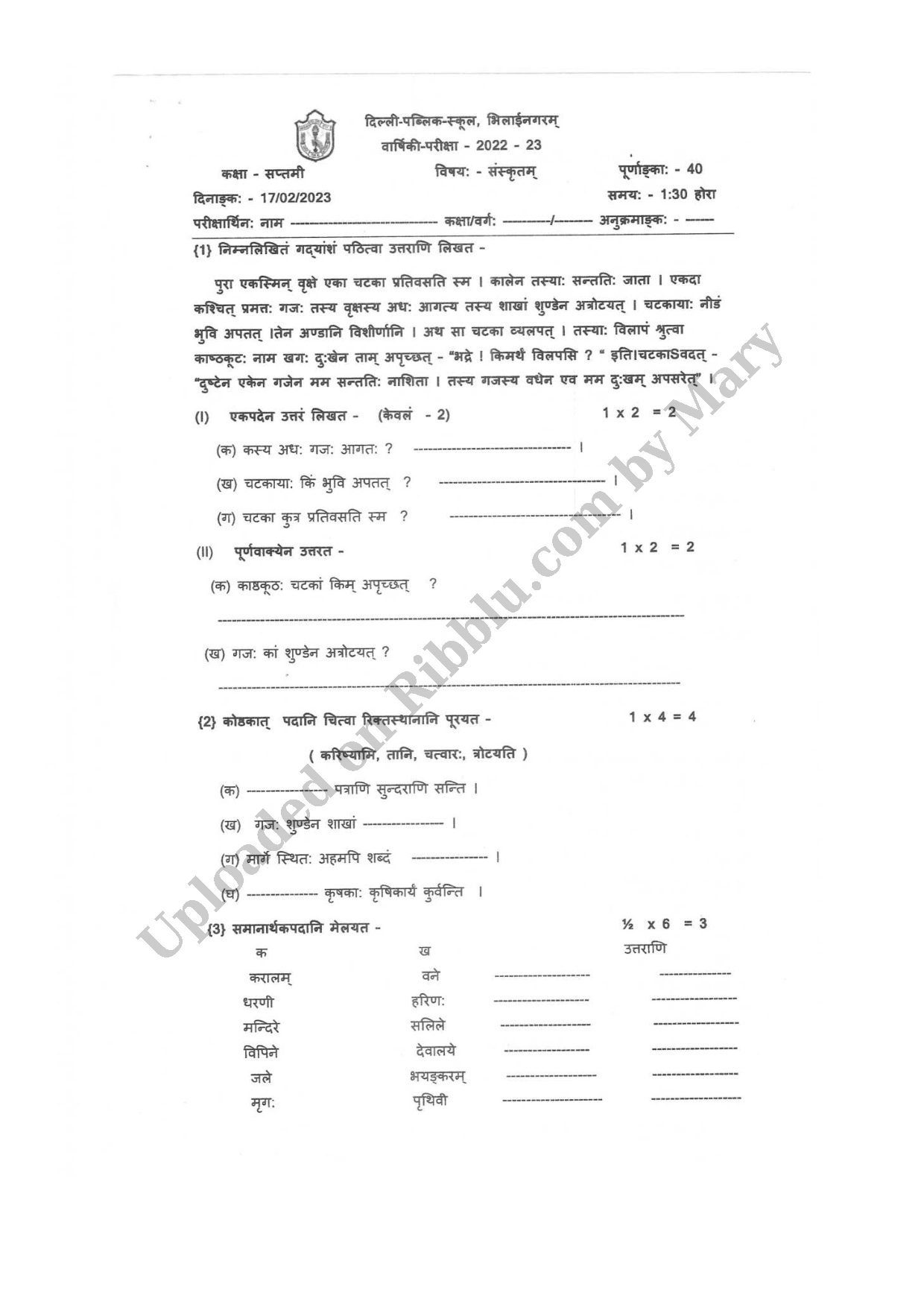 Preview cover for Class 7 Sanskrit Question Paper Annual Exam 2023 - DPS Bhilai