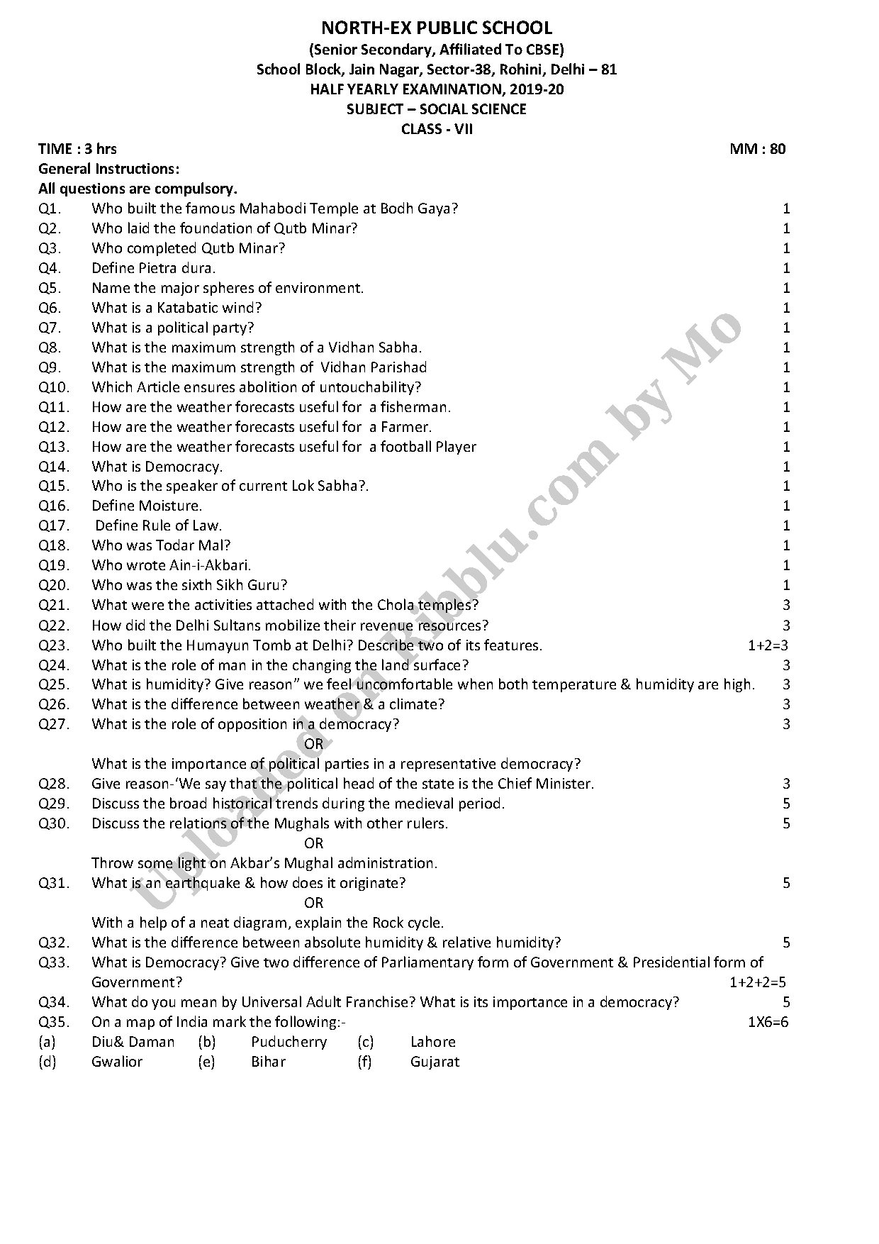 Preview cover for Class 7 Social Science Half Yearly Question Paper 2019-20 ( North-Ex Public School)