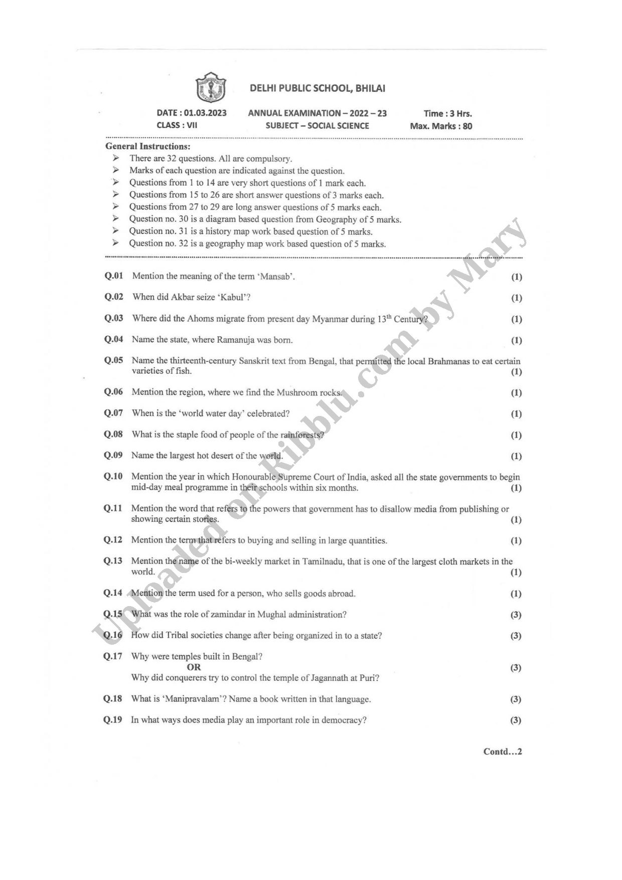 Preview cover for Class 7 Social Science Question Paper Annual Exam 2023 - DPS Bhilai