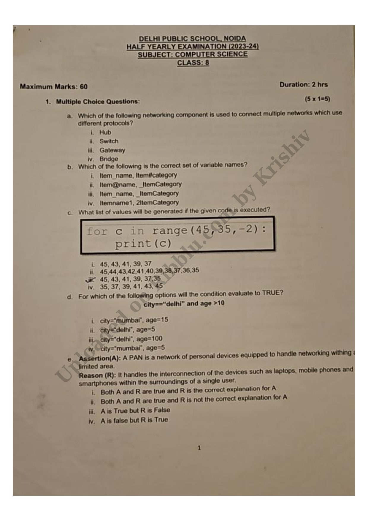 Preview cover for Class 8 Computer Science Question Paper Half Yearly Exam 2023-24 - DPS Noida
