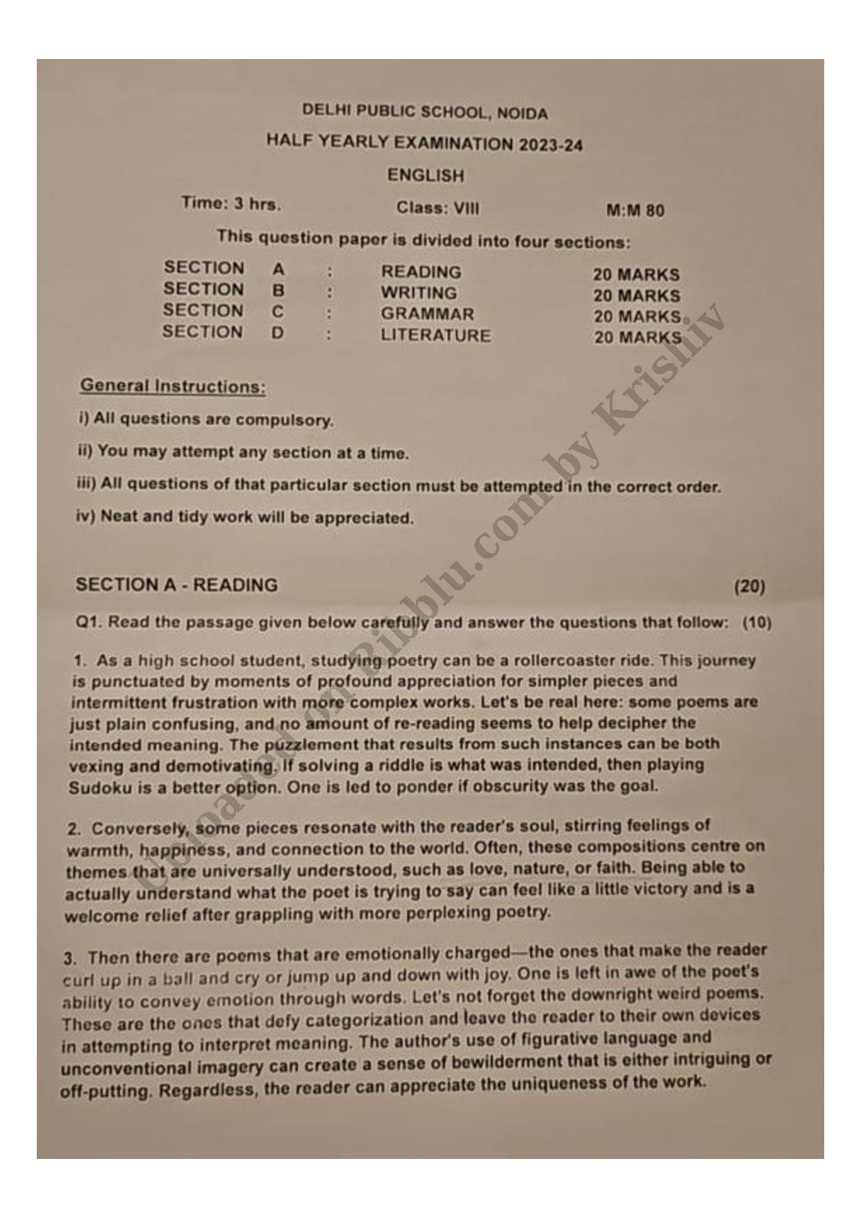 Preview cover for Class 8 English Question Paper Half Yearly Exam 2023-24 - DPS Noida