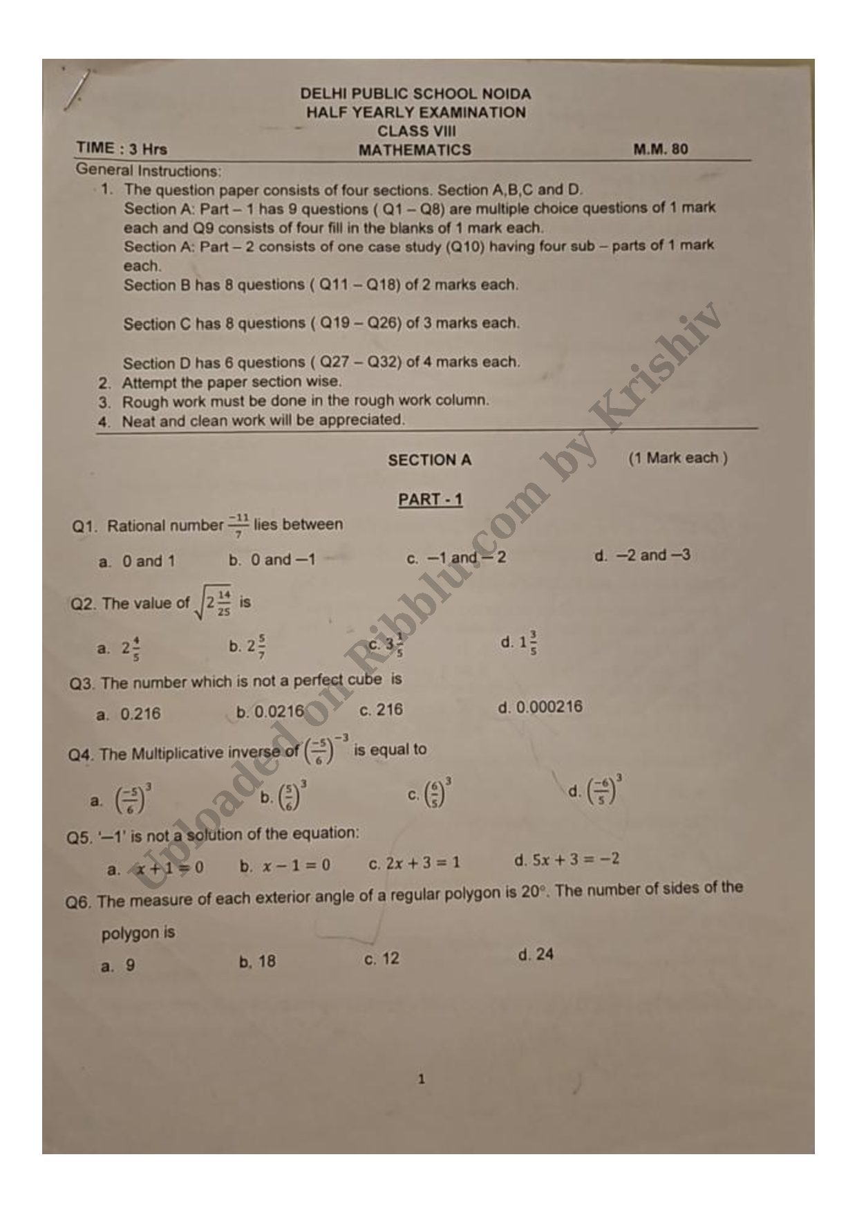 Preview cover for Class 8 Maths Question Paper Half Yearly Exam 2023-24 - DPS Noida