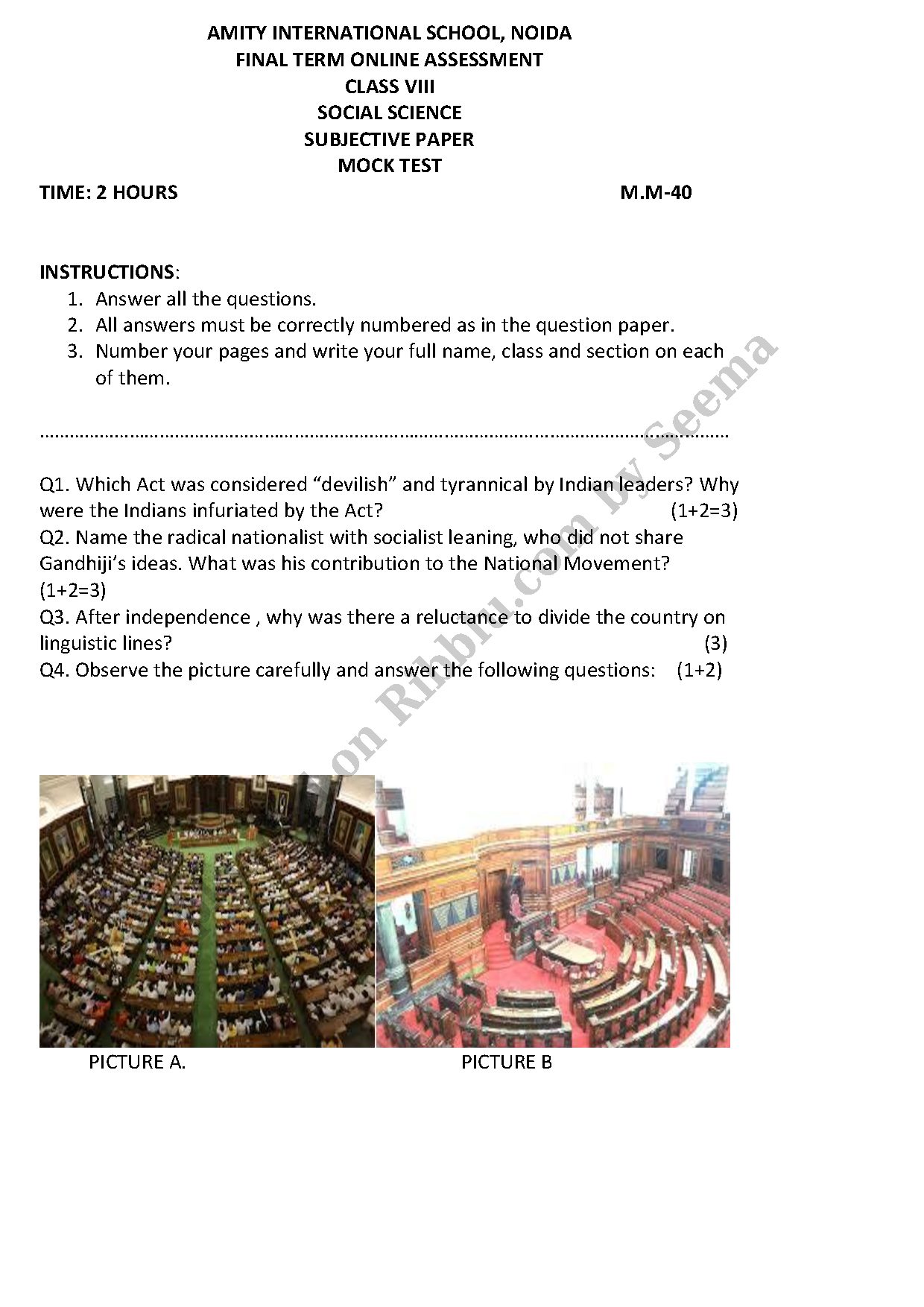 Preview cover for Class 8 Social Science Question Paper Final Term Assessment - Amity