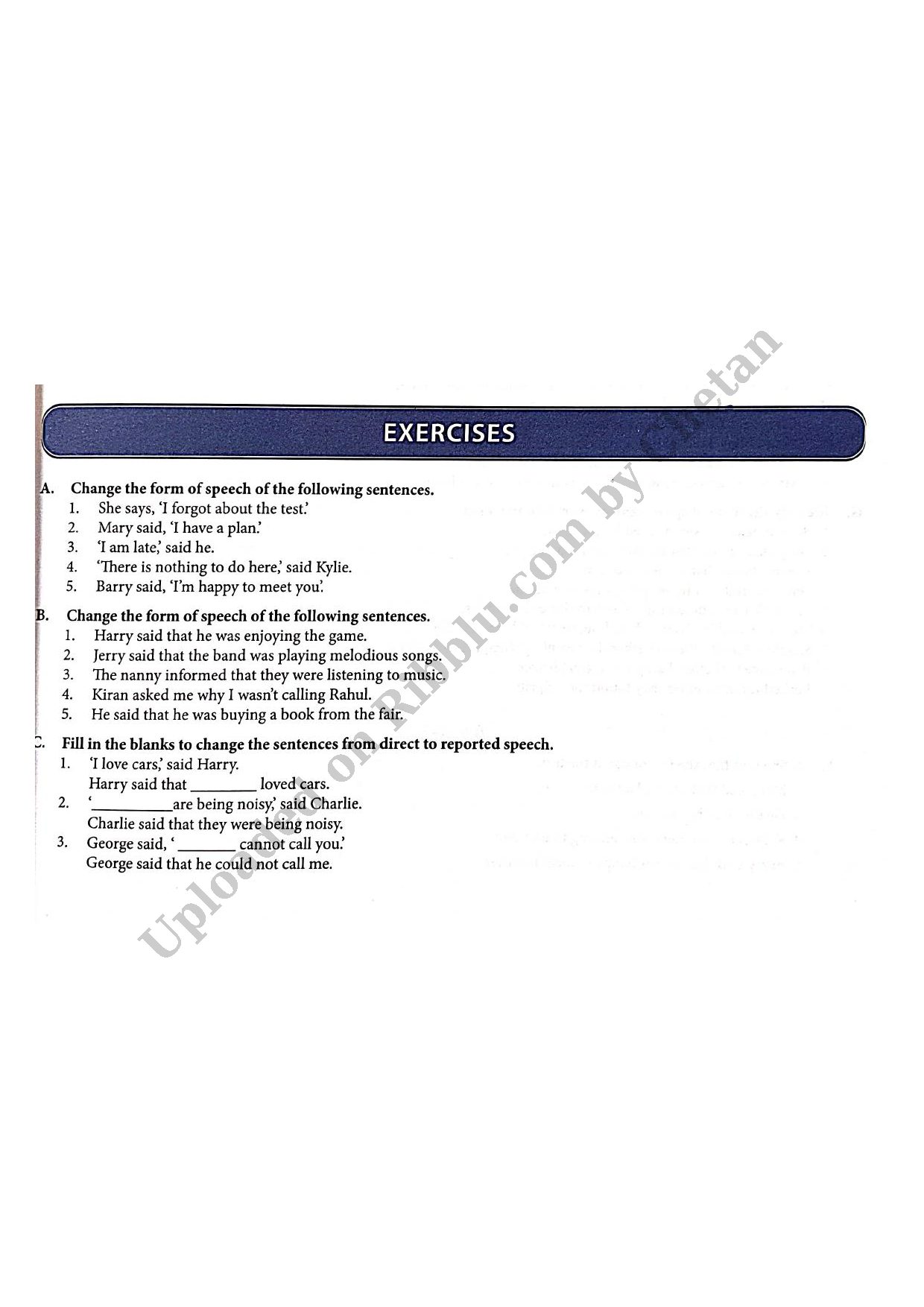 Preview cover for Direct and Indirect Speech Exercises with Answers - Class 9