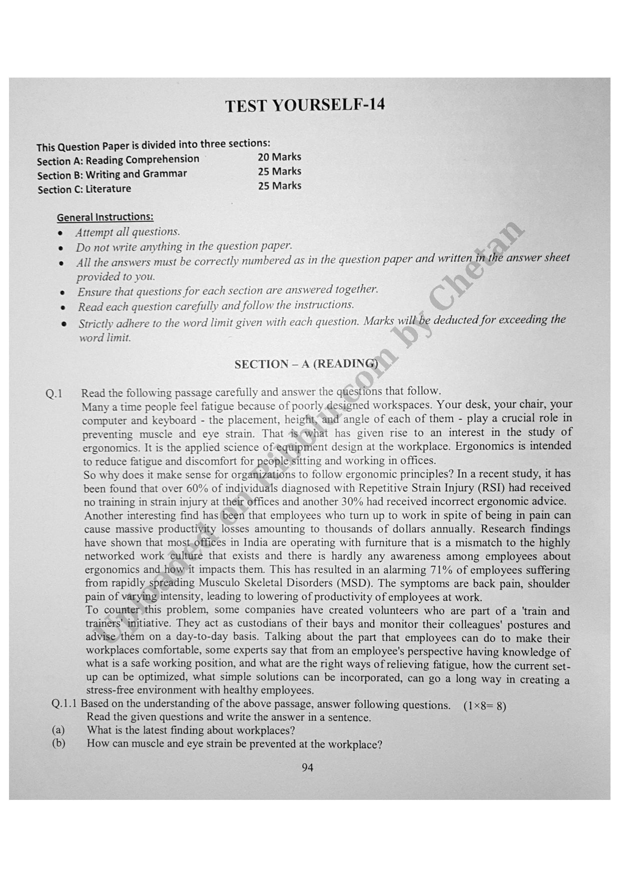 Preview cover for Download CBSE Class 10 English Practice Paper in PDF