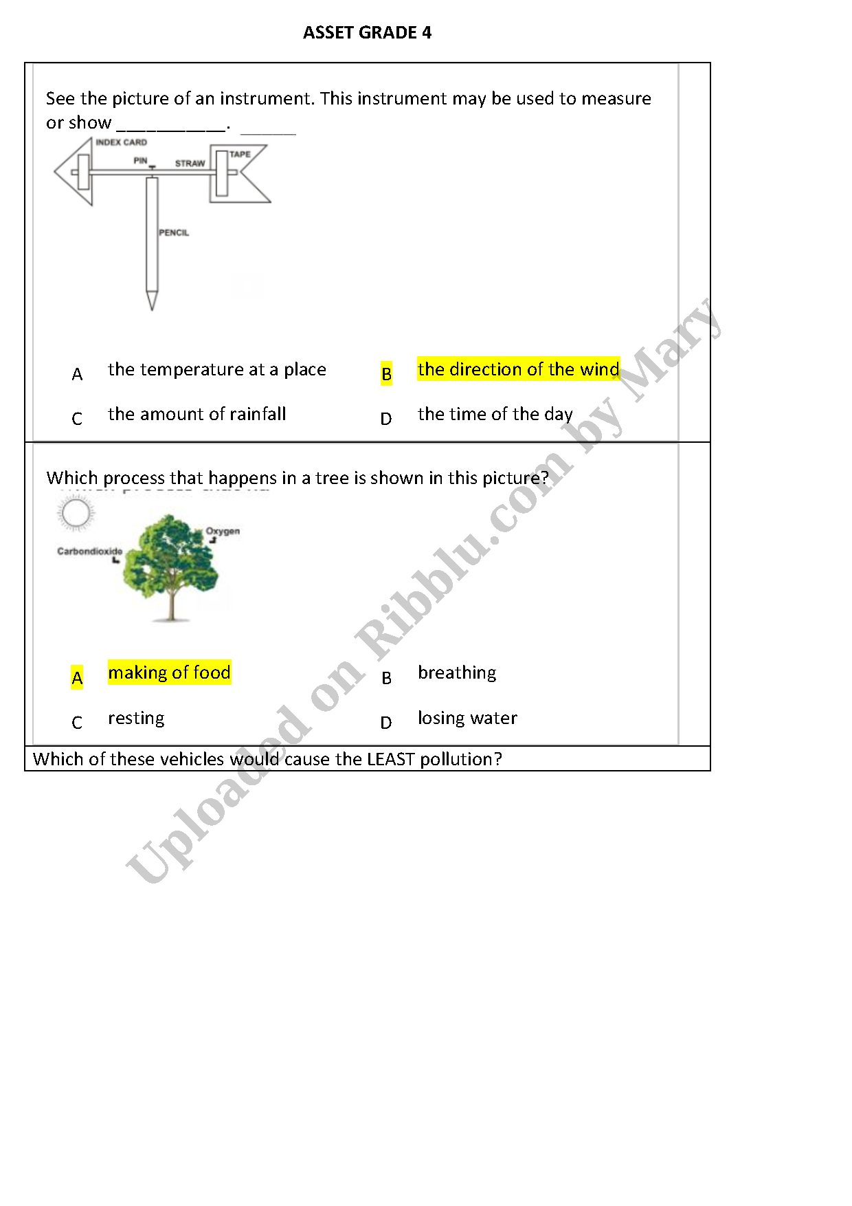 Preview cover for Grade 4 Science Asset Questions - 1
