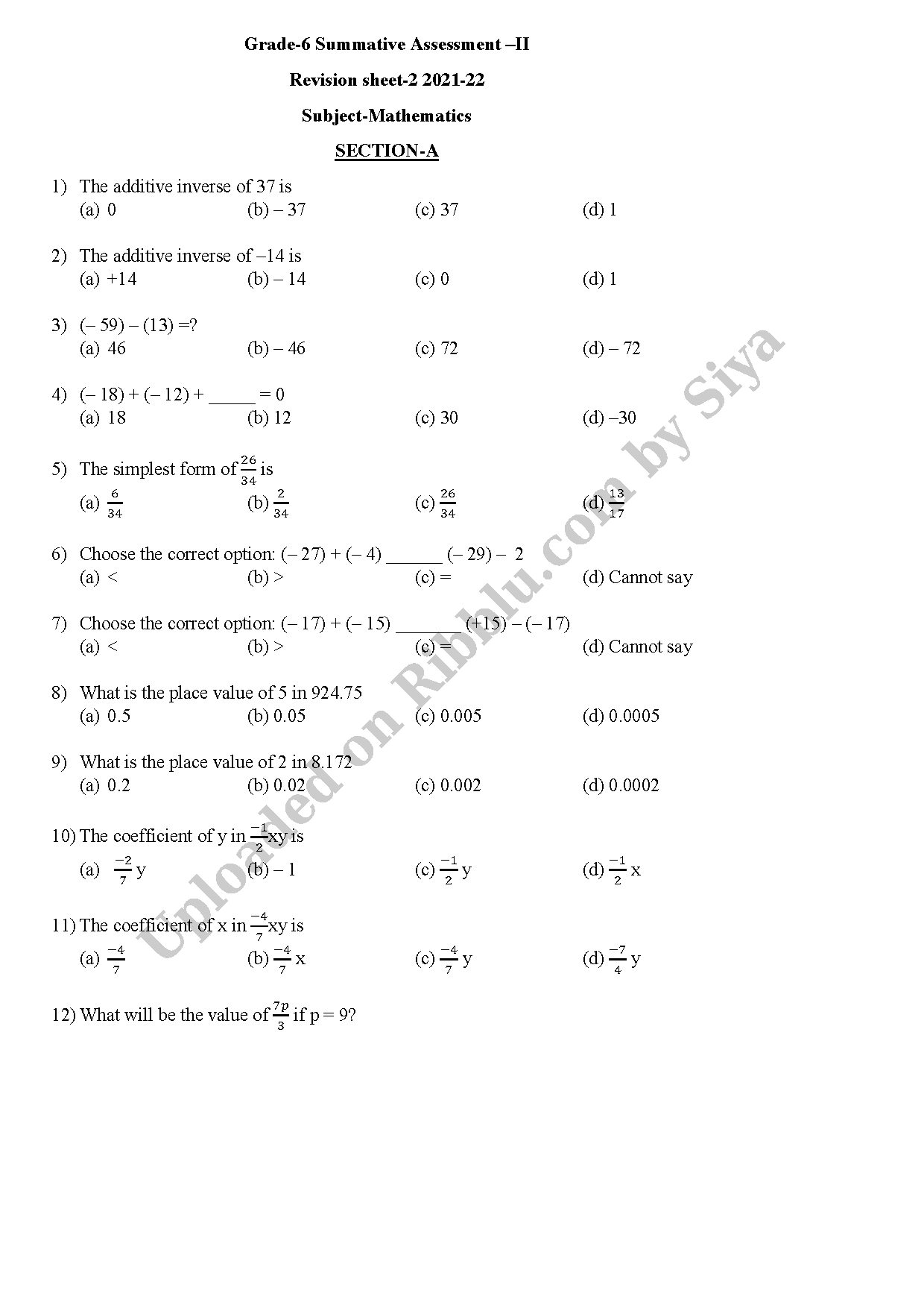 Preview cover for Grade 6 Maths Revision Sheet Summative Assessment – 2 ( 2022 )