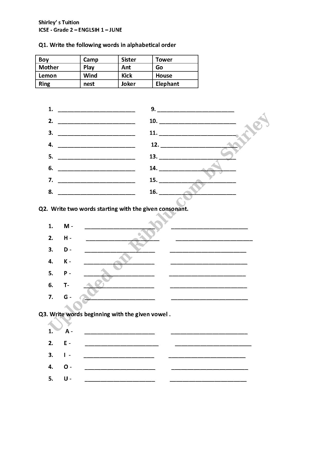 Preview cover for ICSE Grade 2 English Test Paper - June 2023