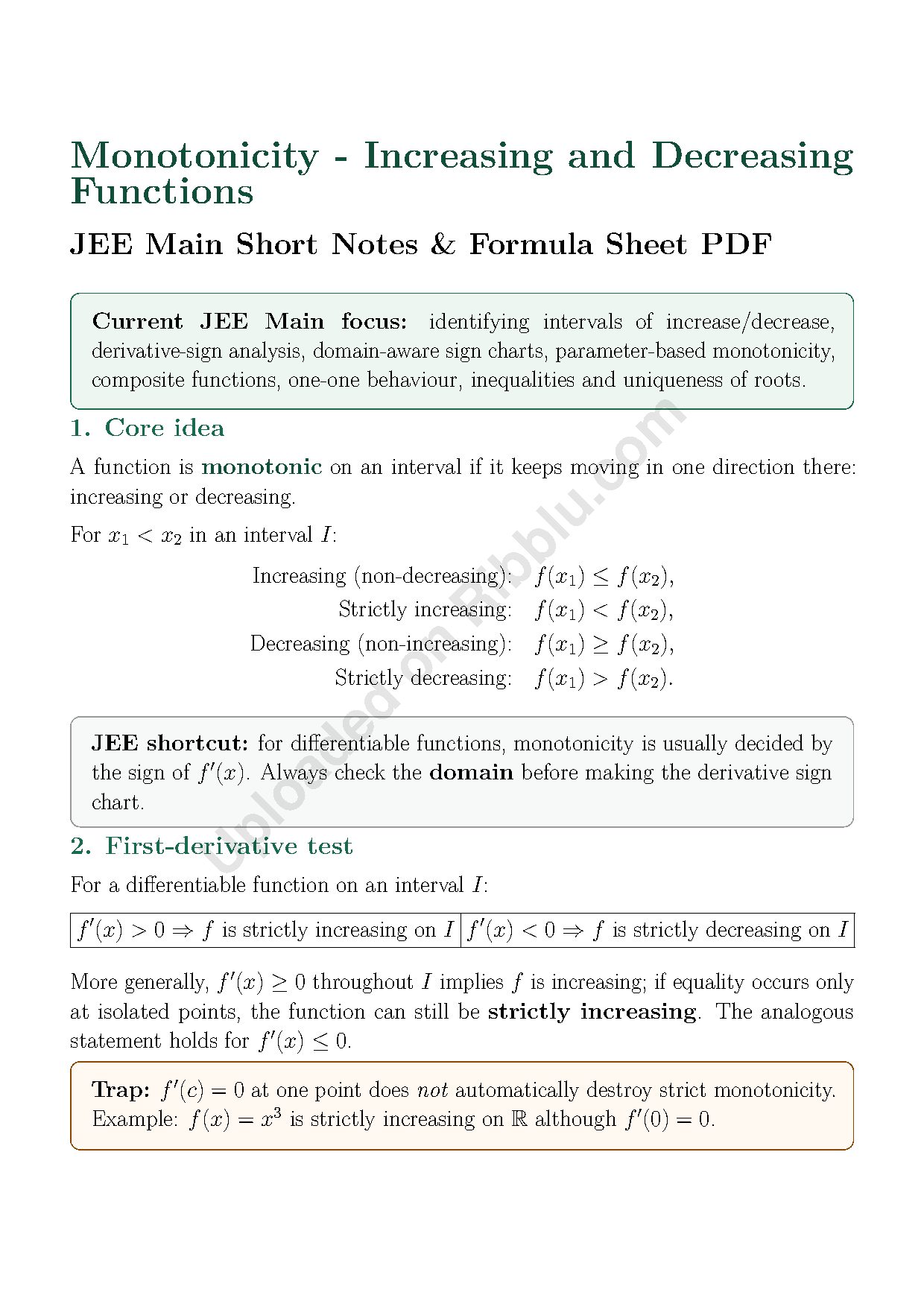 Preview cover for Monotonicity - Increasing and Decreasing Functions JEE Main Short Notes & Formula Sheet