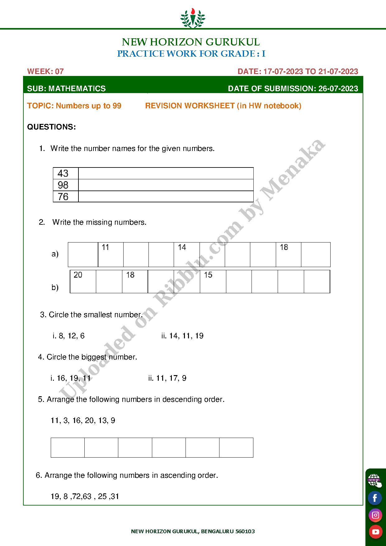 Preview cover for Numbers upto 99 Revision Worksheet for Class 1