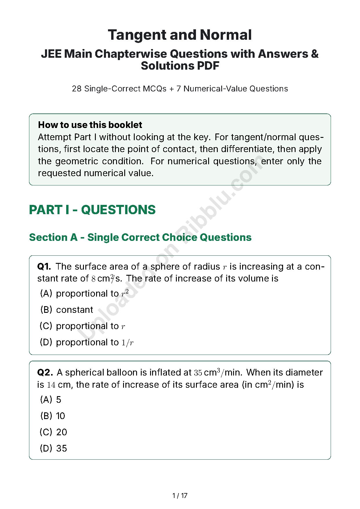 Preview cover for Tangent and Normal JEE Main Chapterwise Questions with Answers & Solutions