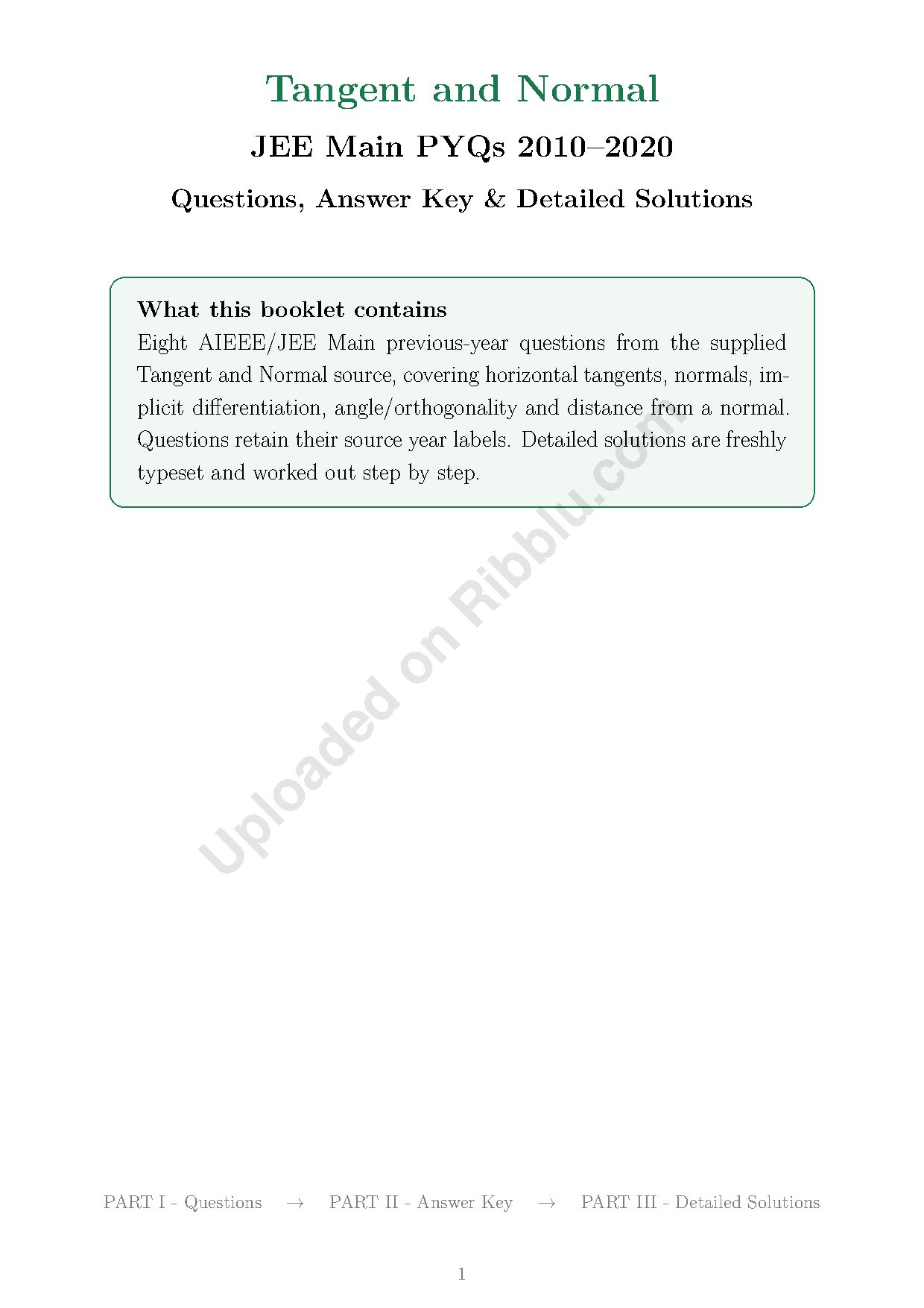 Preview cover for Tangent and Normal JEE Main PYQs 2010-2020 with Answers & Solutions