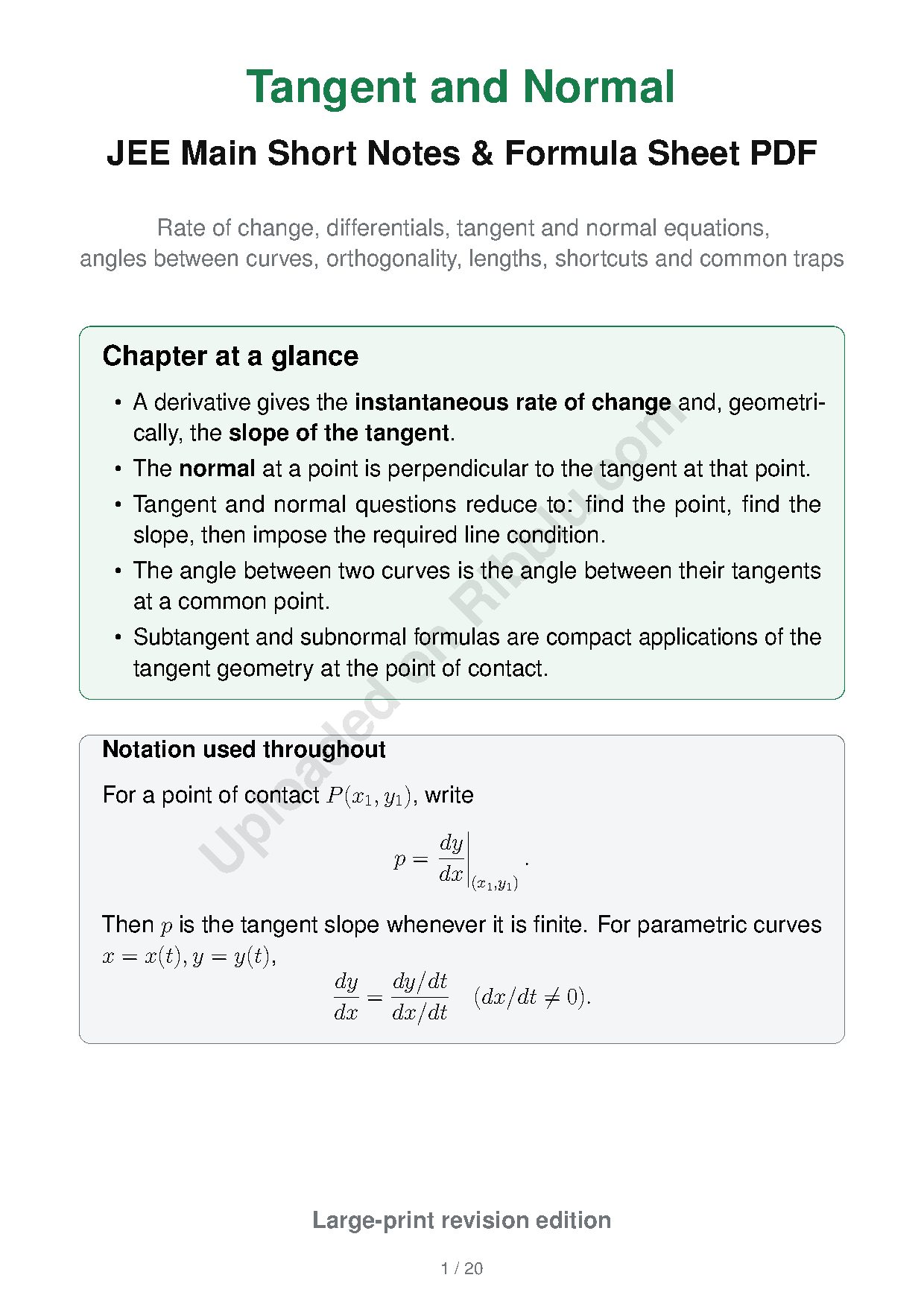 Preview cover for Tangent and Normal JEE Main Short Notes & Formula Sheet