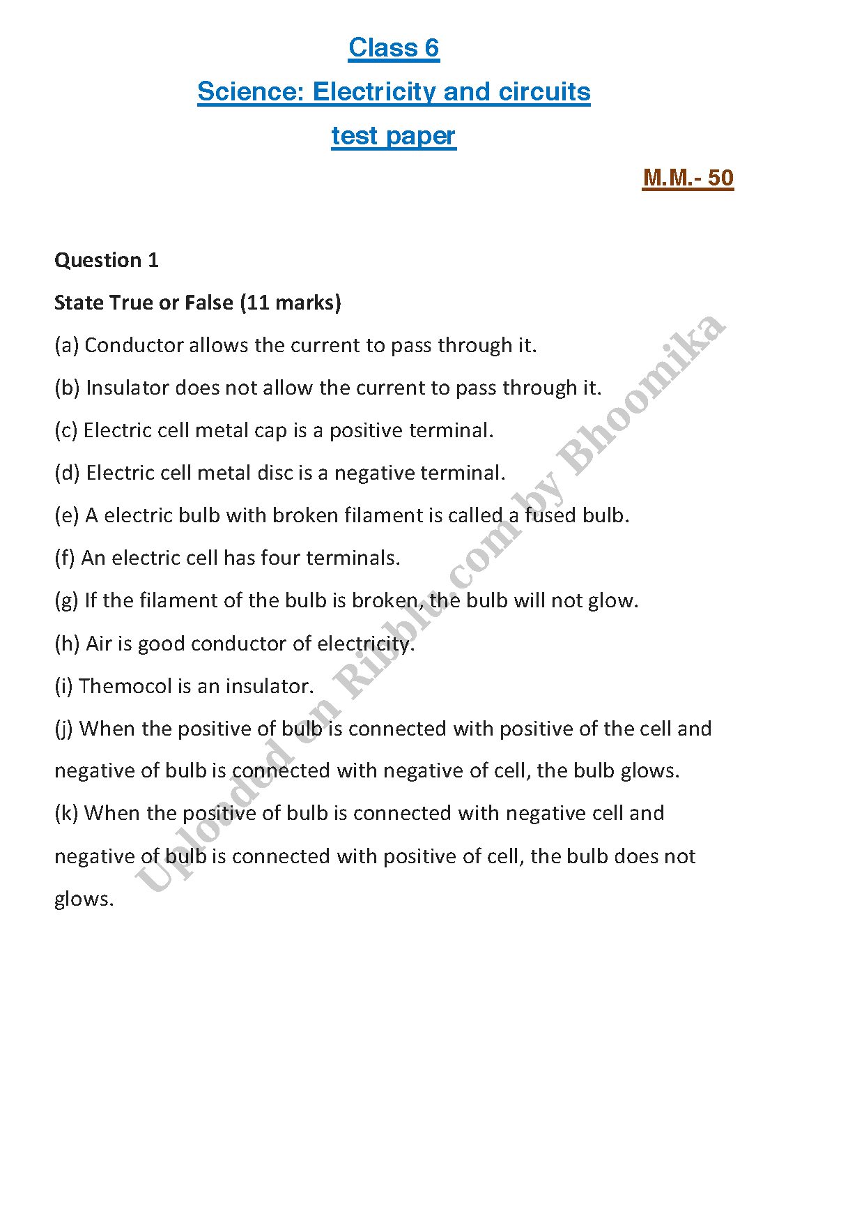Preview cover for Test Paper on Electricity and Circuits Class 6 Science