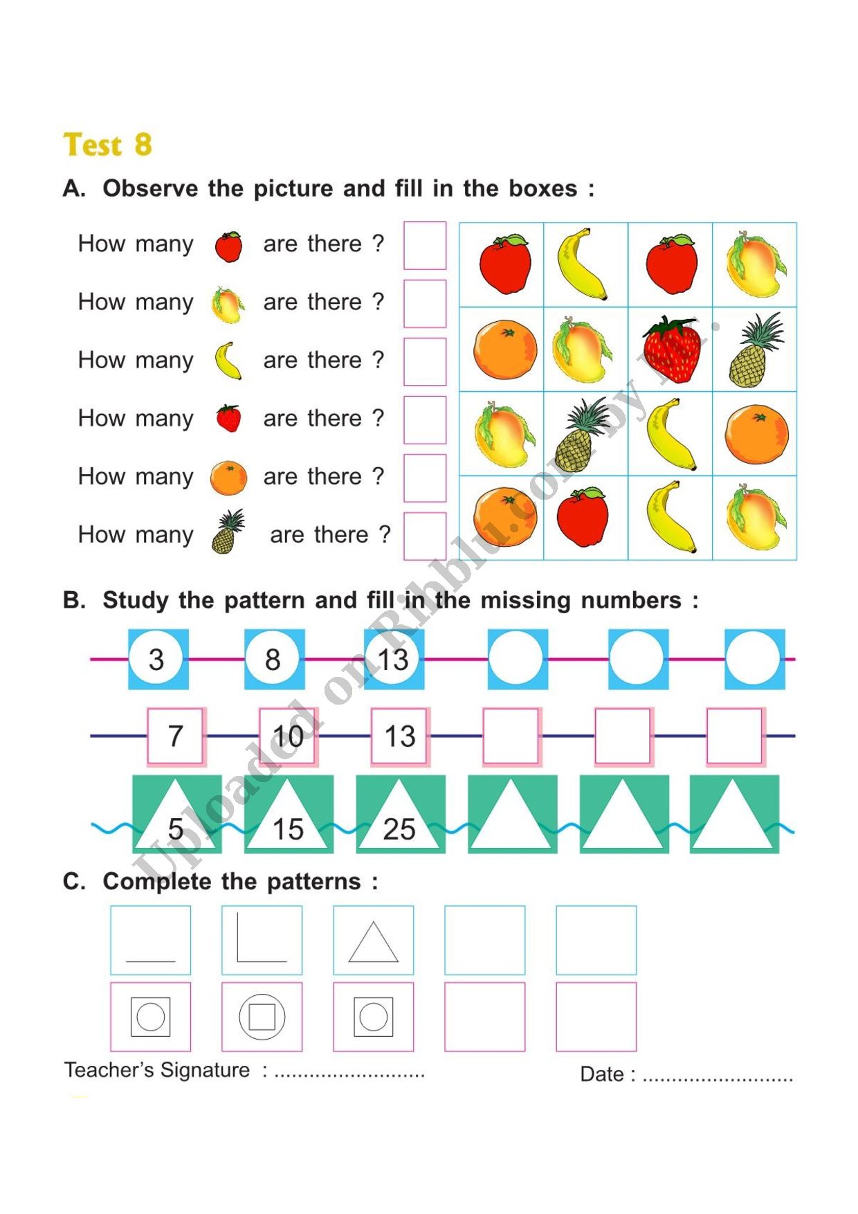 Preview cover for Test Paper on Pattern Class 1