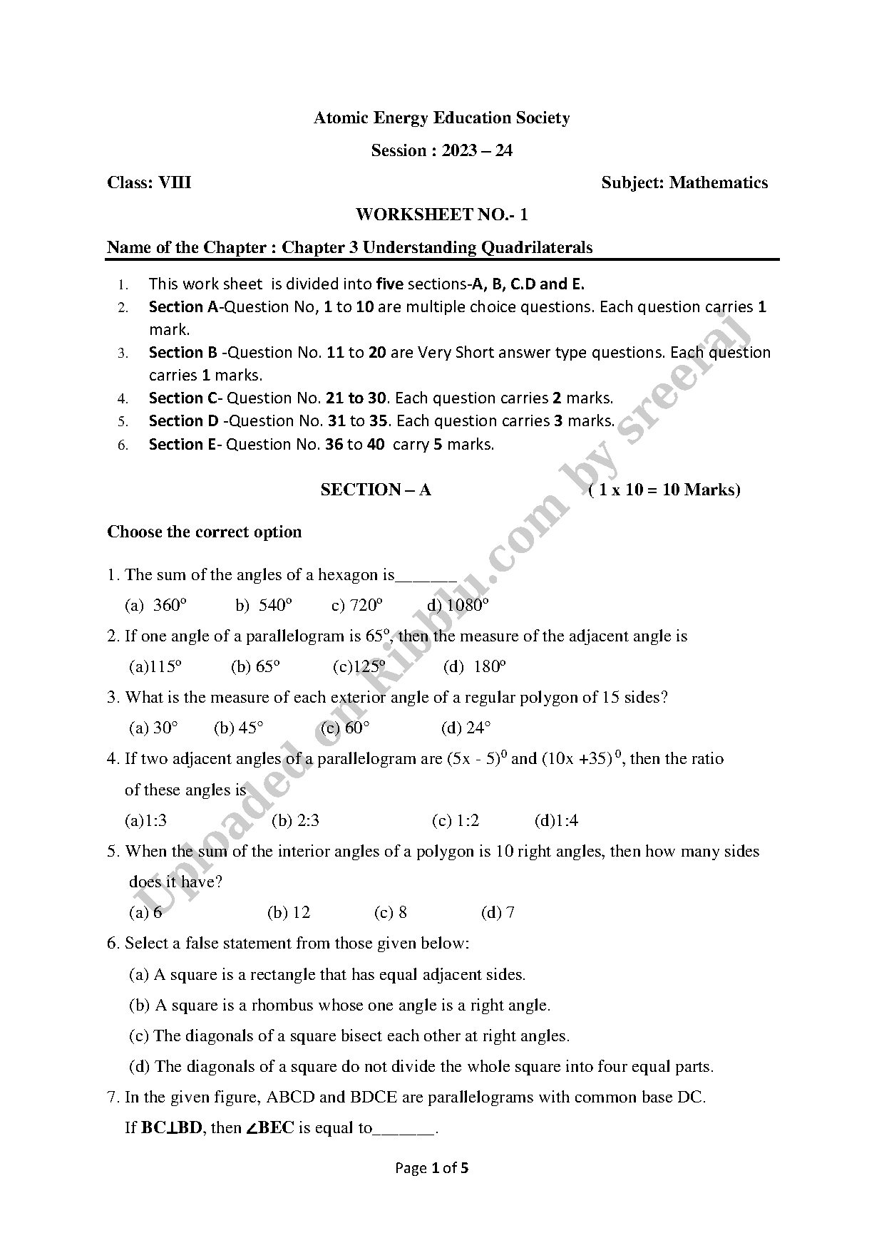 Preview cover for Understanding Quadrilaterals Worksheet for Class 8 Maths - Atomic Energy Education Society School